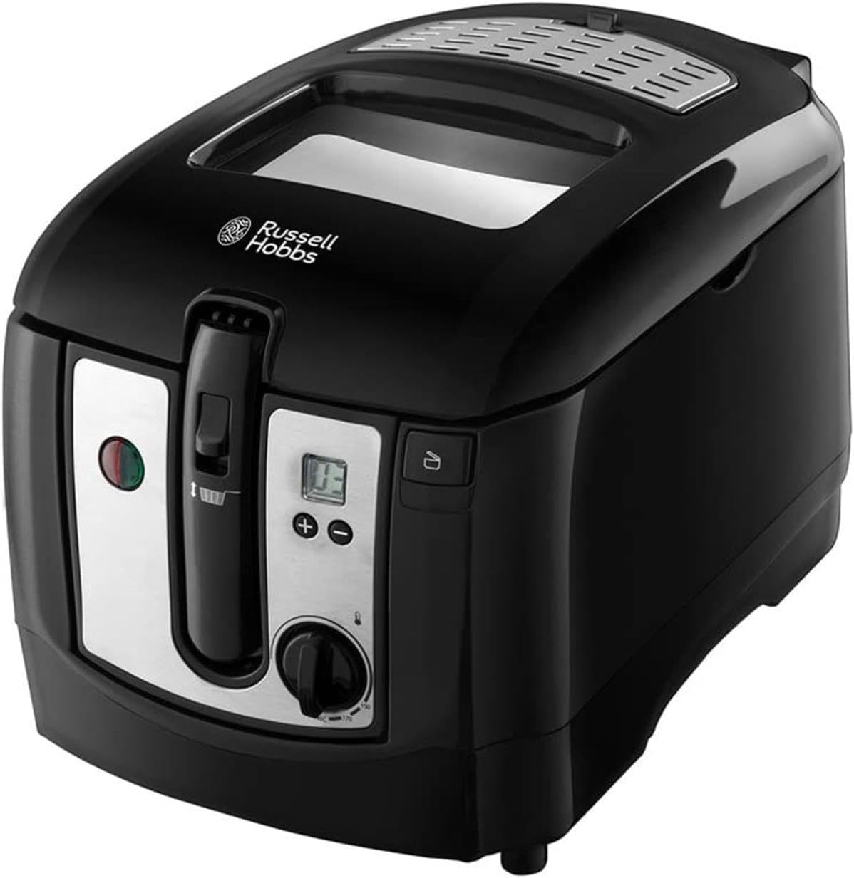 Russell Hobbs black digital deep fat fryer with stainless steel filter basket and controls