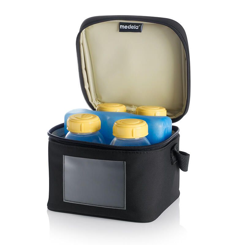 Medela black cooler bag with blue ice pack and four yellow bottles