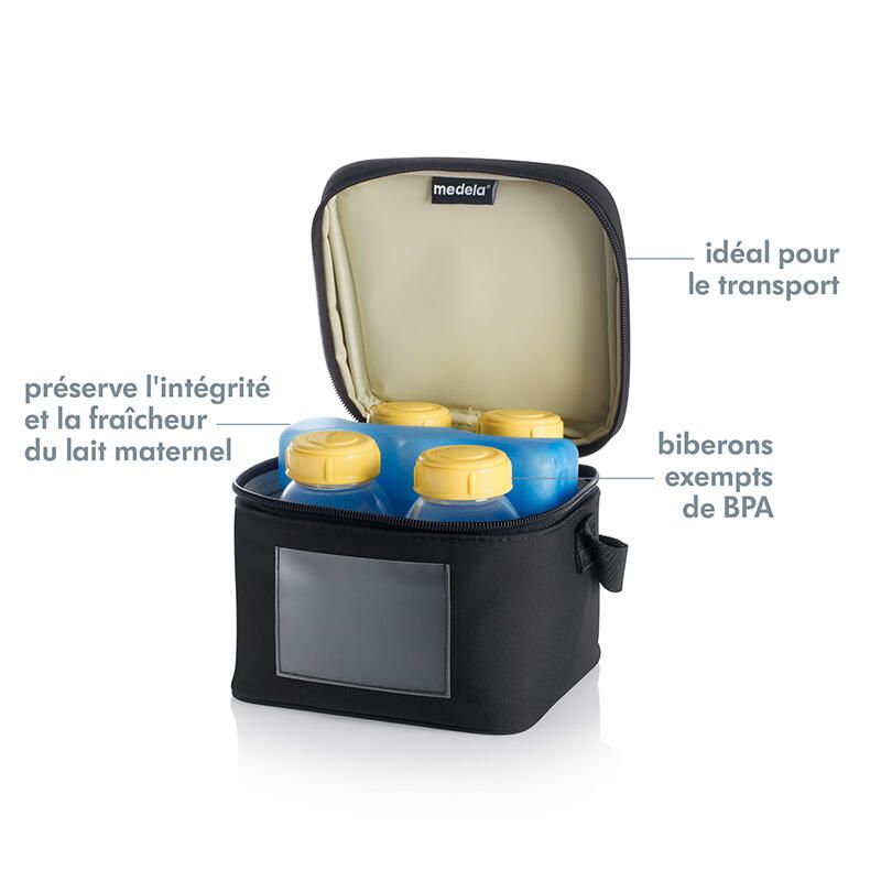 Medela black cooler bag with four yellow bottles for breast milk storage