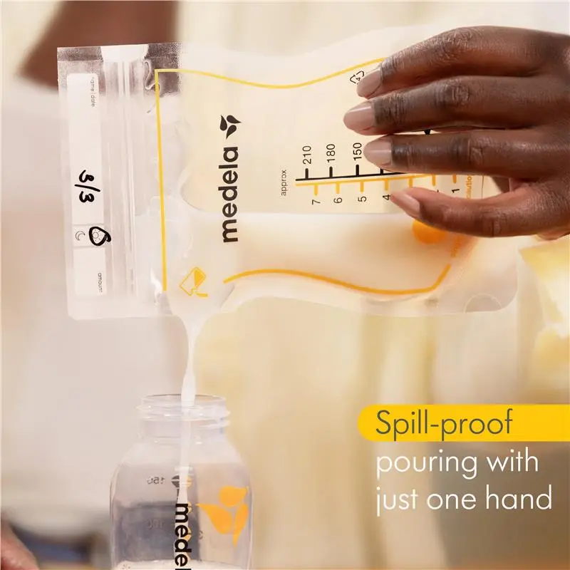 Medela Breastmilk Storage Bag 25 pack with measurement markings and spill-proof pouring spout