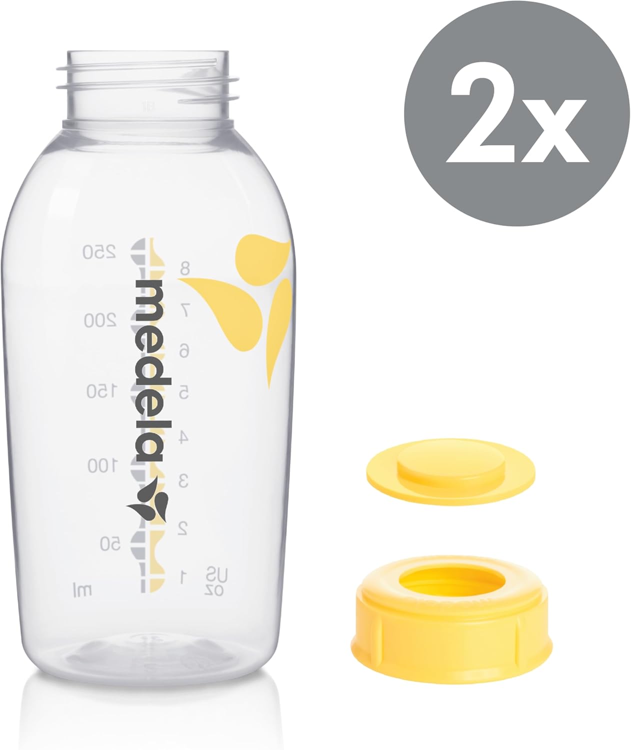 Medela breast milk storage bottles BPA-free 250 ml with yellow caps, pack of two