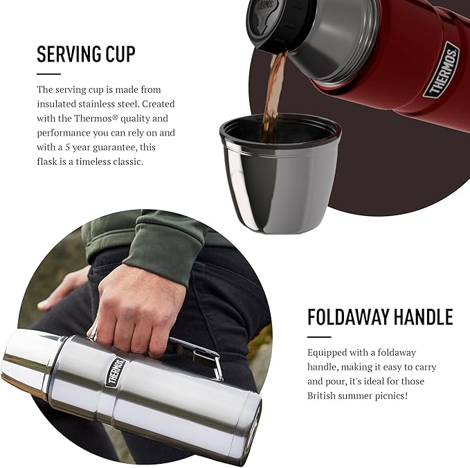 Thermos Stainless King 1.2L Flask burgundy with foldaway handle and serving cup