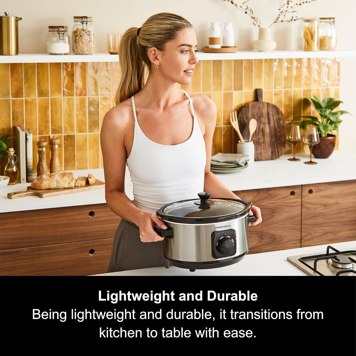 Morphy Richards 3.5L stainless steel slow cooker with glass lid and controls