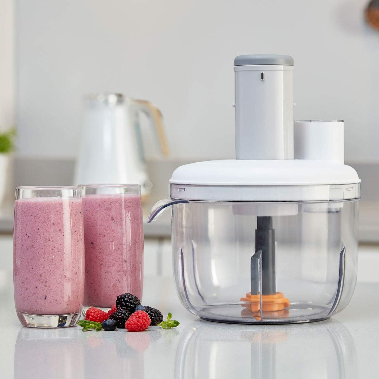 Morphy Richards Prepstar One white food processor with blender jug and berries