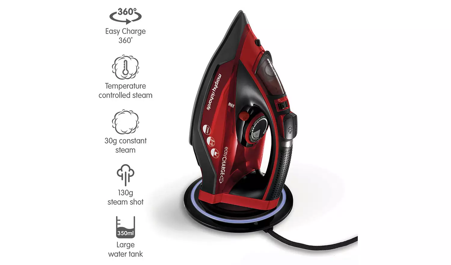 Morphy Richards 303250 cordless steam iron red and black with charging base