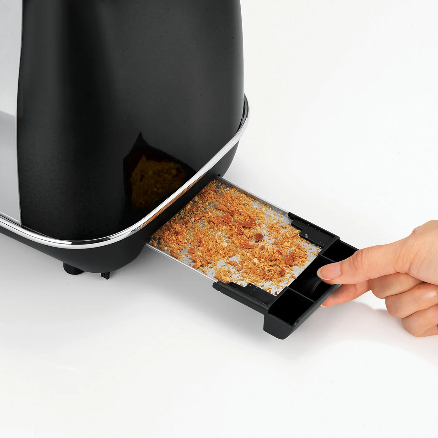 Morphy Richards Evoke black and stainless steel 2 slice toaster with crumb tray open