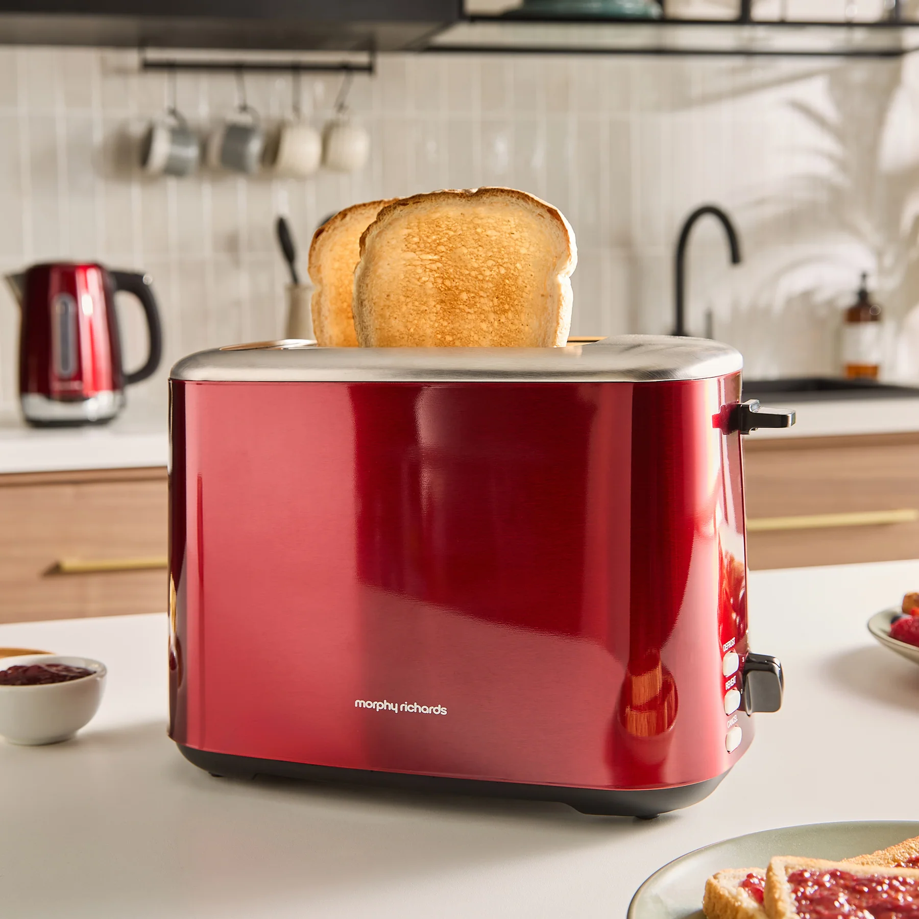 Morphy Richards Equip red 2 slice toaster with toasted bread, brushed finish