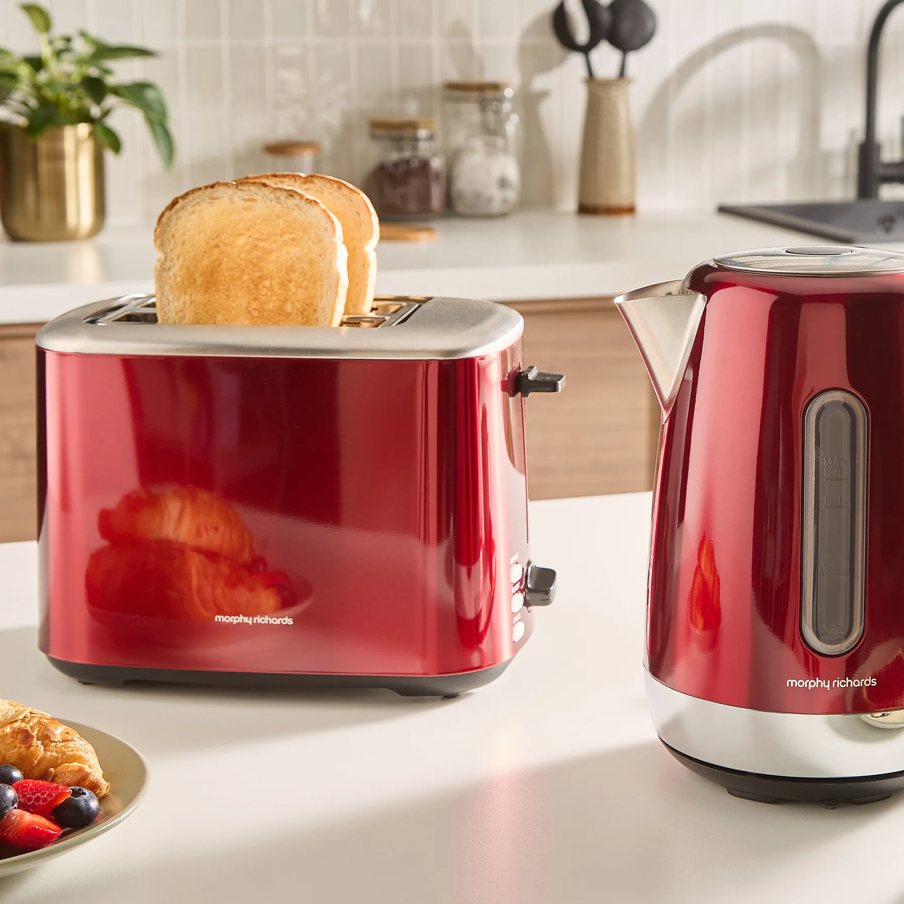 Morphy Richards Equip red 2 slice toaster with browning control dial and toast slot