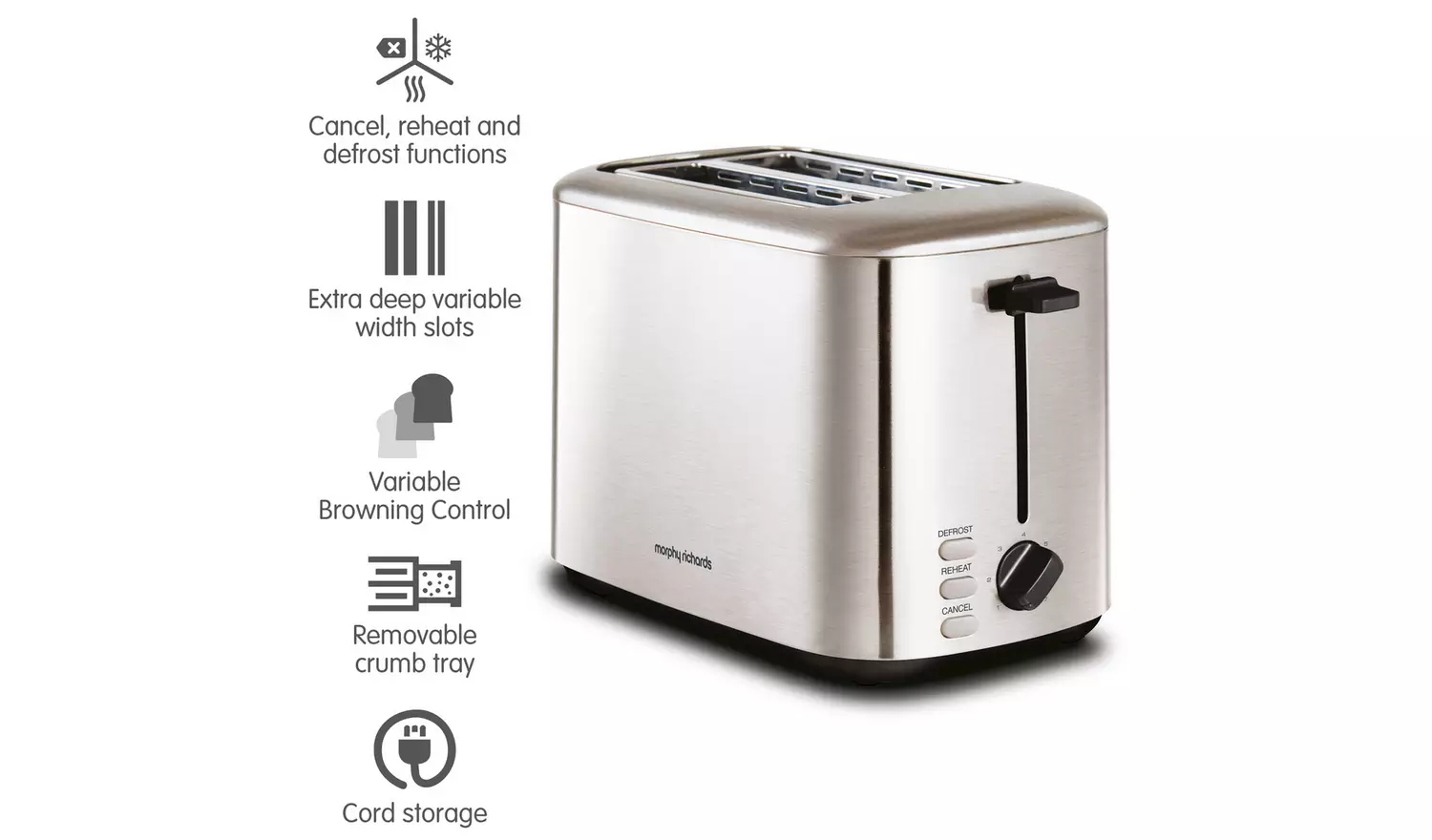 Morphy Richards Equip brushed stainless steel 2 slice toaster with variable browning control