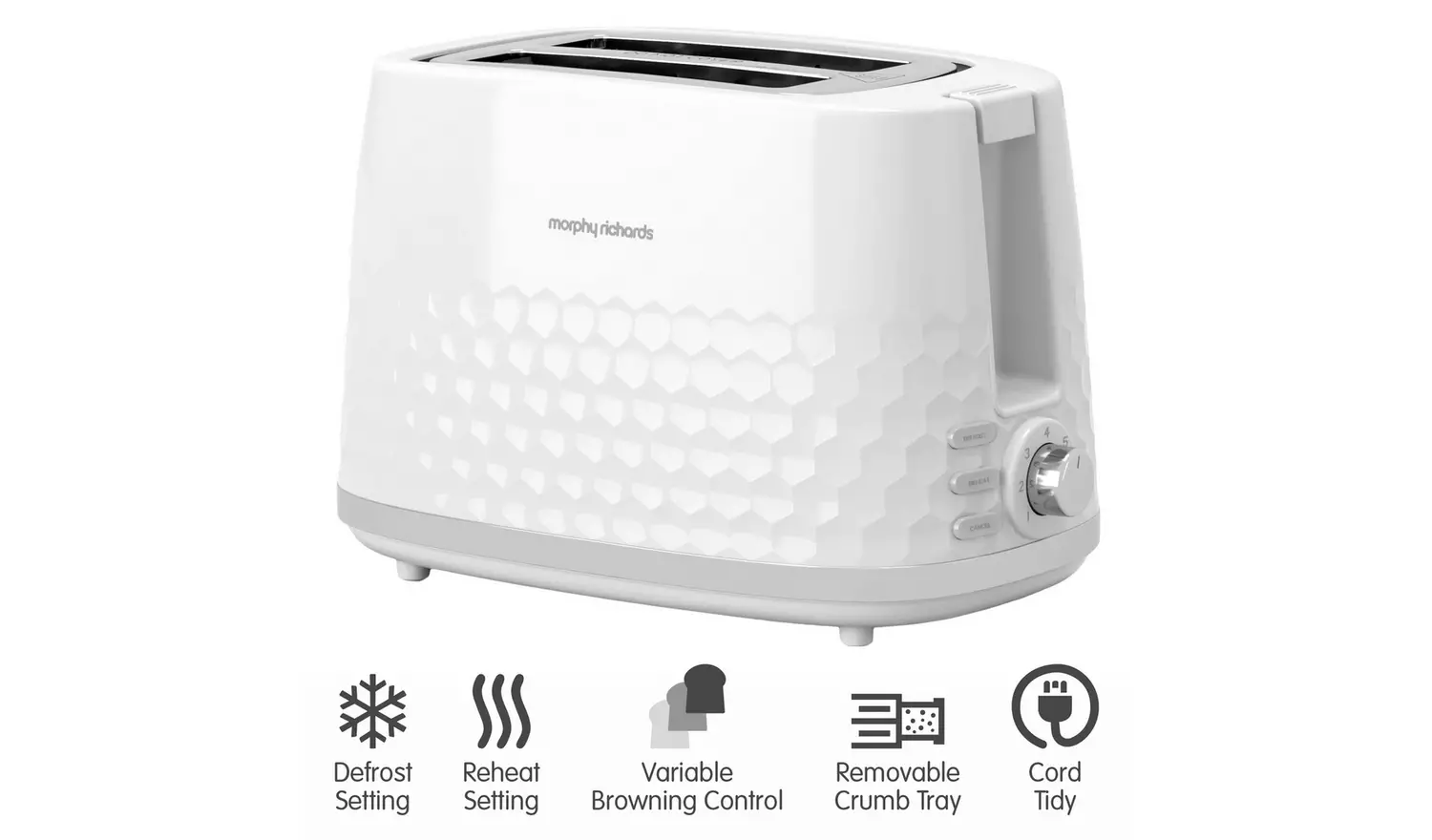Morphy Richards Hive white 2 slice toaster with honeycomb pattern design
