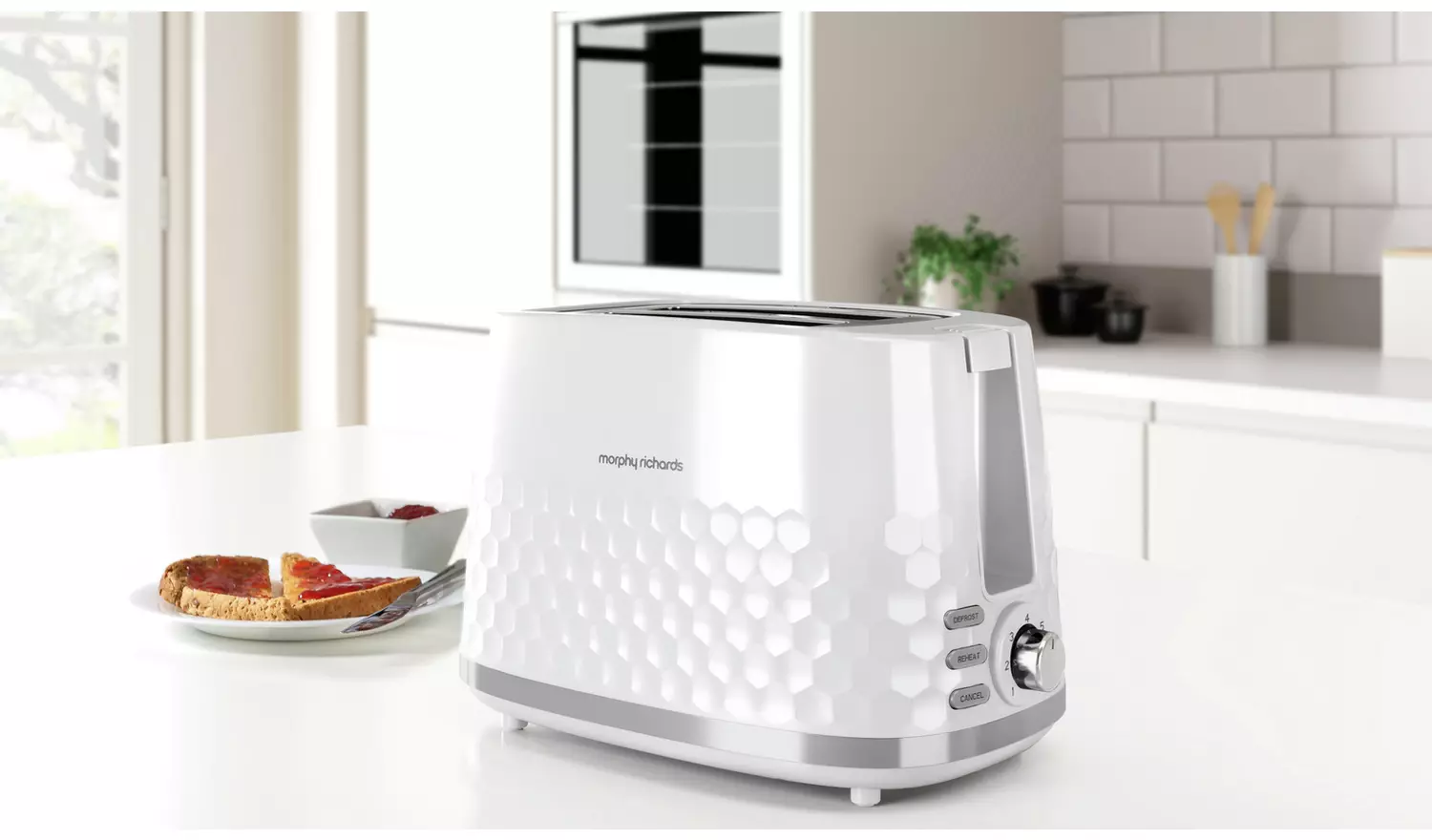 Morphy Richards Hive white two slice toaster with honeycomb pattern design