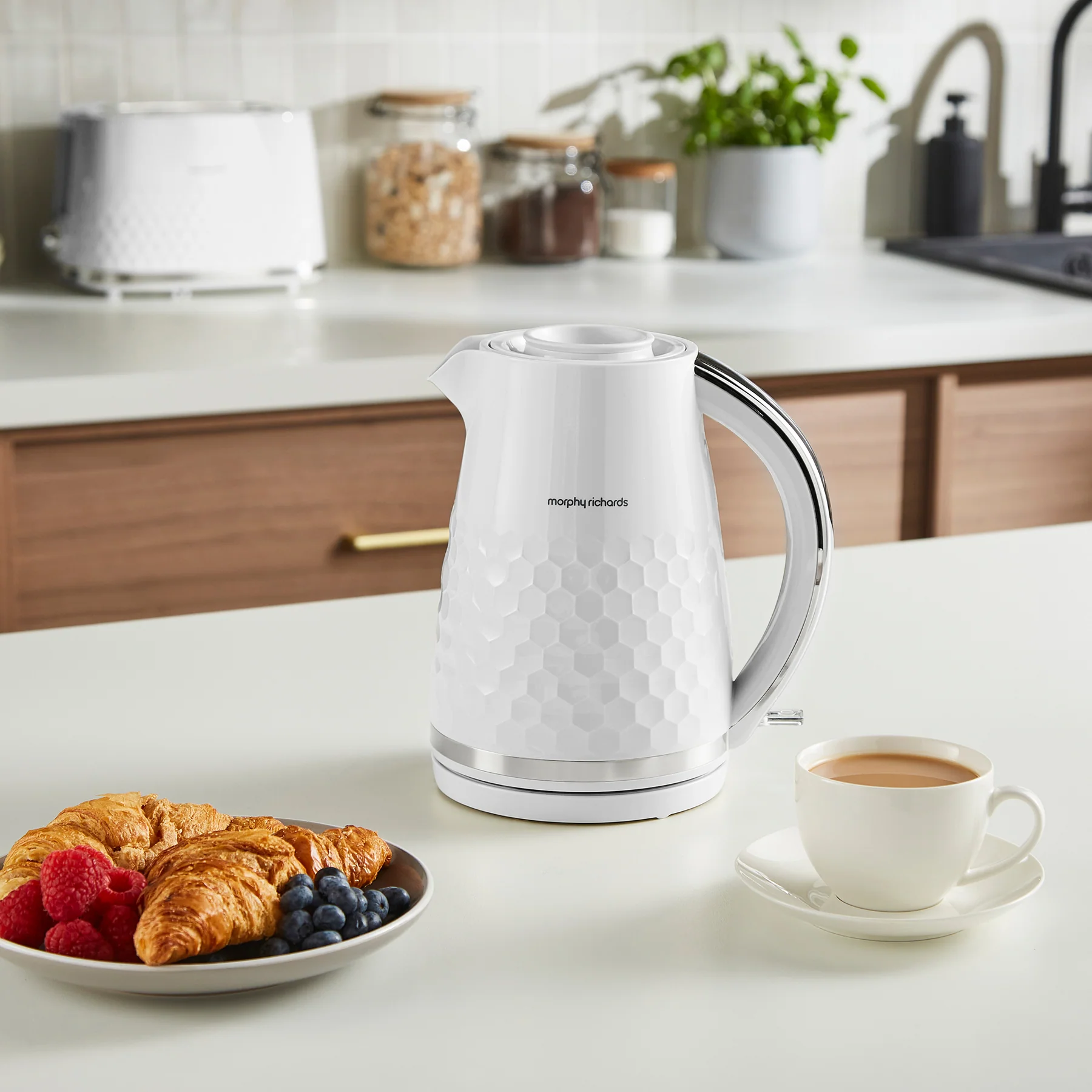Morphy Richards Hive white jug kettle with honeycomb pattern design
