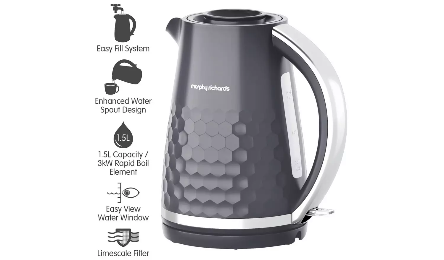 Morphy Richards Hive grey jug kettle, 1.5L capacity with honeycomb pattern