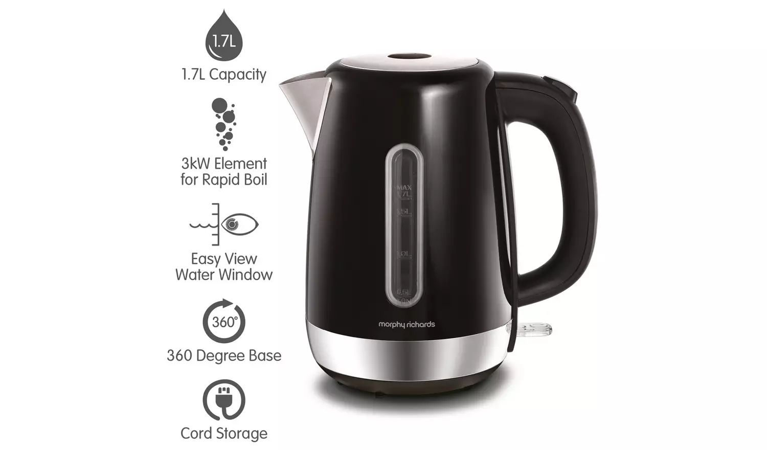 Morphy Richards Equip black jug kettle 1.7L capacity with 3kW element