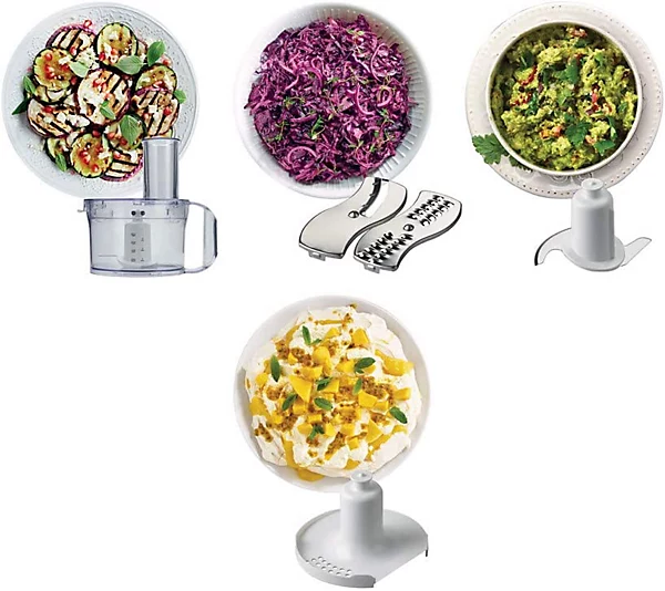 Kenwood compact food processor with multiple attachments and processed food results