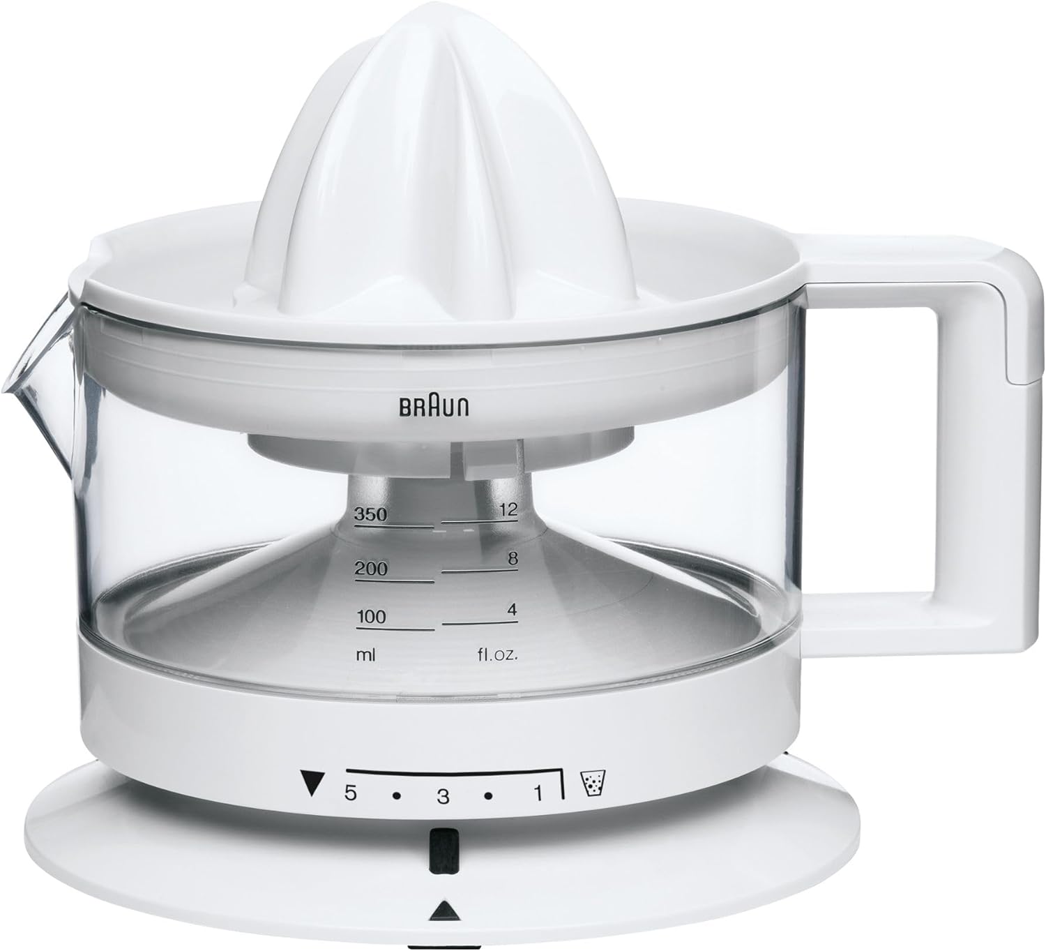 Braun white citrus press with 350ml capacity and auto start stop function