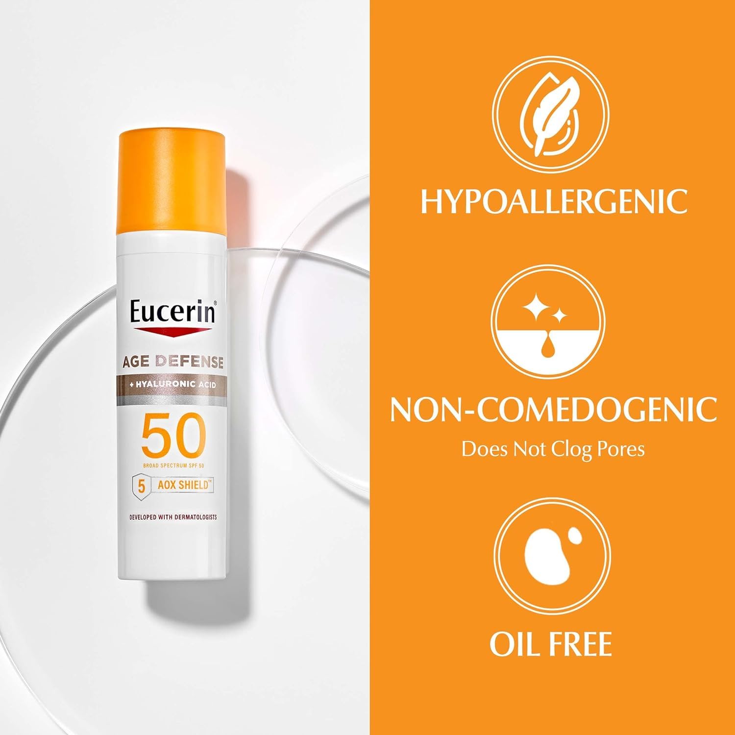 Eucerin Age Defense SPF 50 face sunscreen lotion with hyaluronic acid