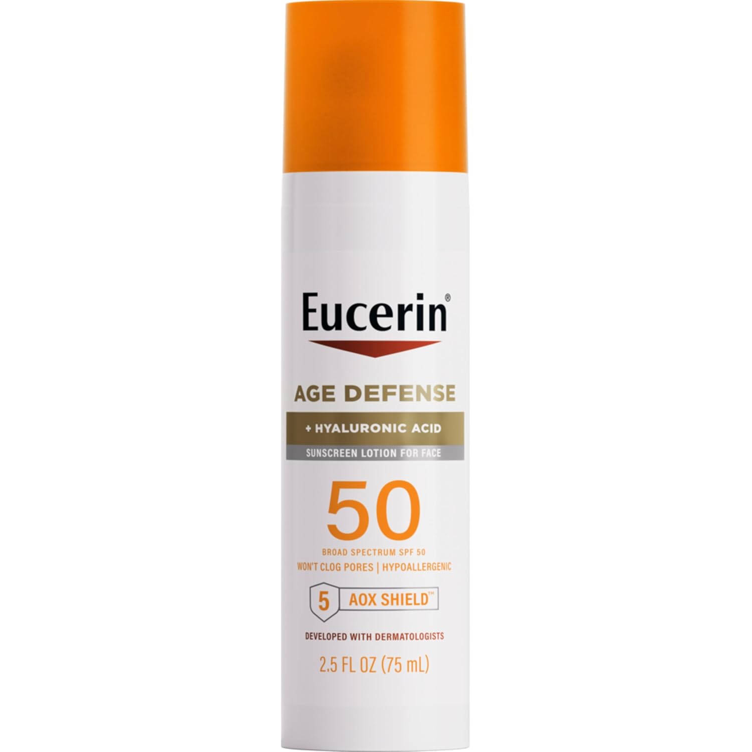 Eucerin Sun Age Defense SPF 50 face sunscreen lotion with hyaluronic acid, 75ml bottle