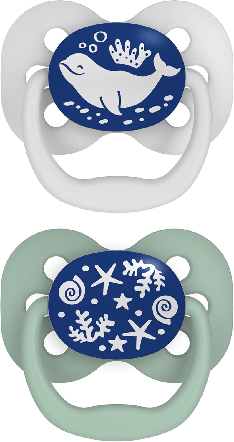 Dr Brown's Advantage glow in the dark soothers, blue design, two pack, 0-6 months