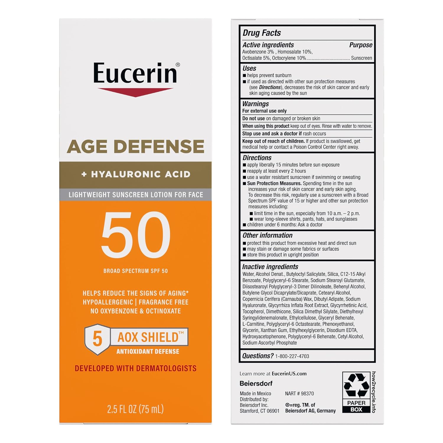 Eucerin Age Defense SPF 50 lightweight sunscreen lotion for face, 75ml bottle