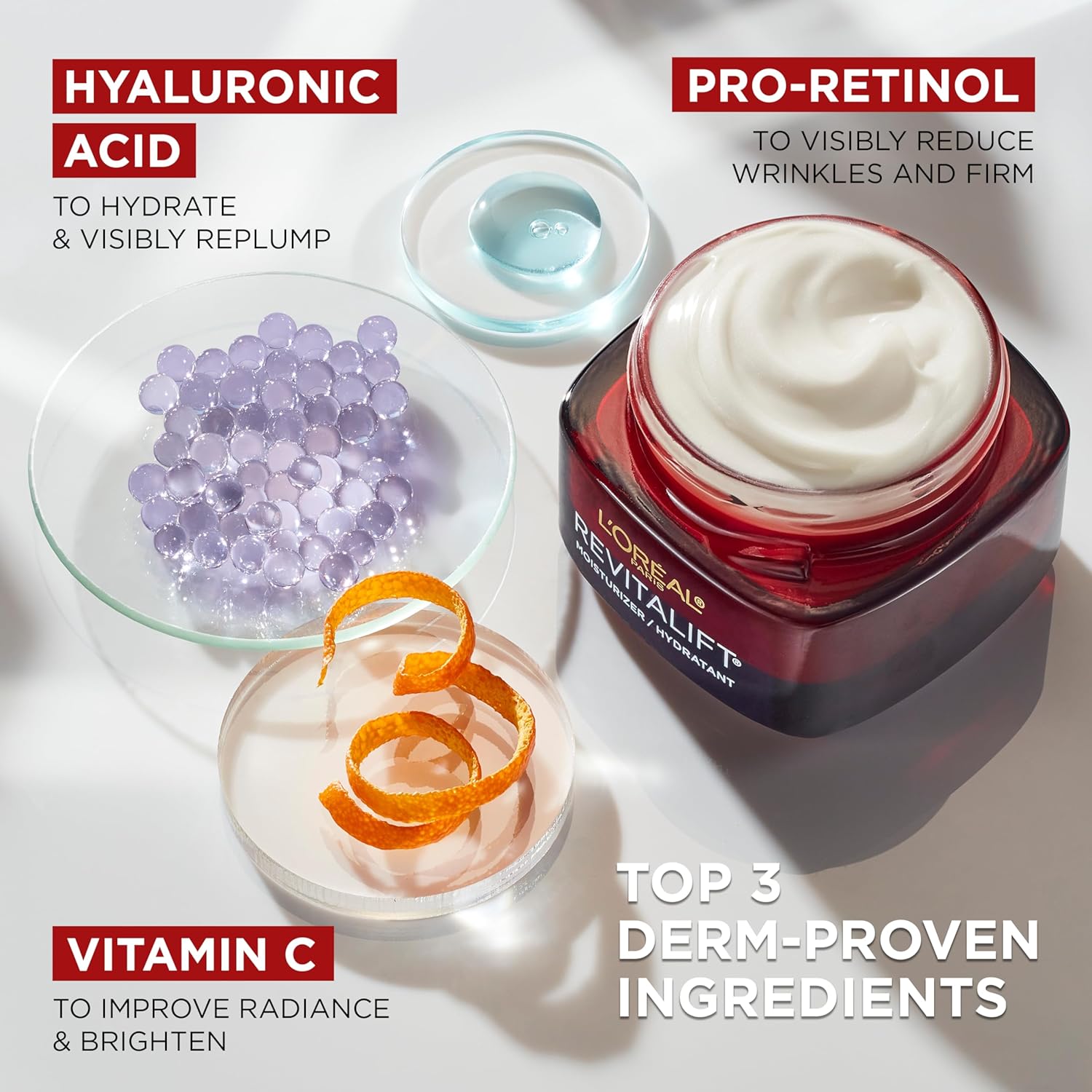 L'Oreal Paris Revitalift Triple Power Anti-Aging Face Moisturizer red jar with cream