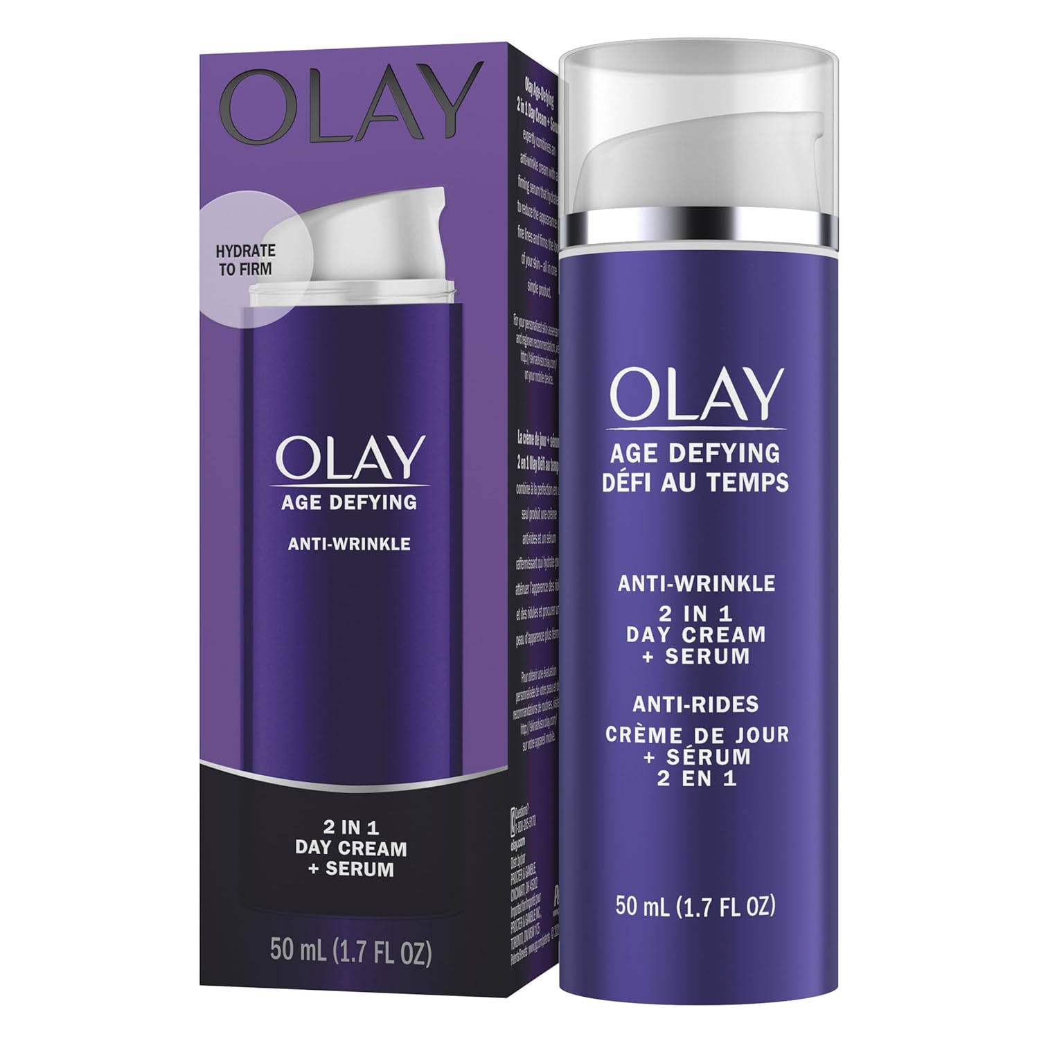 Olay Age Defying Anti-Wrinkle 2-in-1 Day Cream plus Serum, 50ml purple bottle and packaging