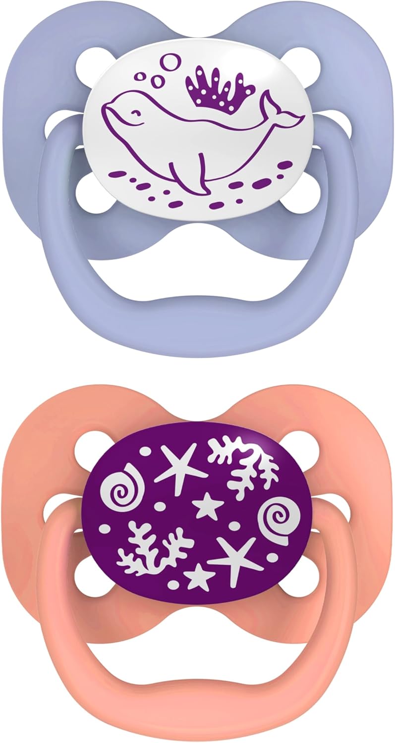 Dr Brown's Advantage glow in the dark soothers for 0-6 months, two pack, purple and pink
