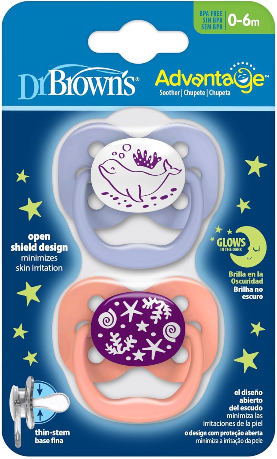 Dr Brown's Advantage glow in the dark sootherettes pink and purple 0-6 months two pack
