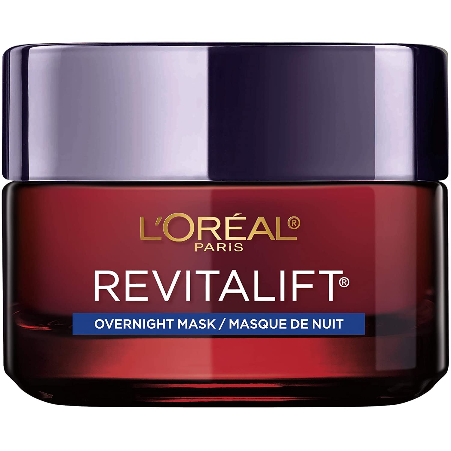L'Oreal Paris Revitalift Overnight Mask in burgundy jar with purple lid