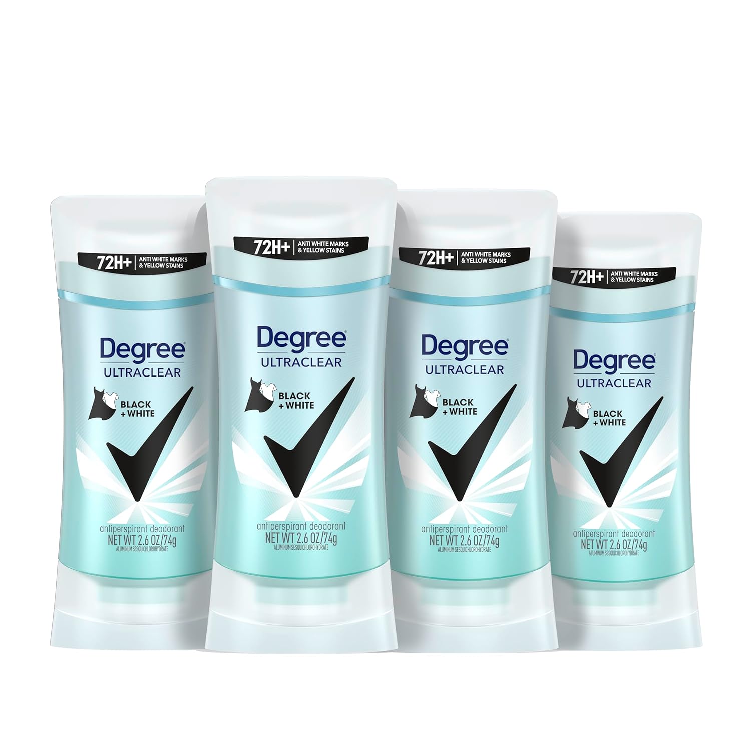 Degree UltraClear Black + White antiperspirant deodorant stick, 2.6 oz, four pack, 72 hour protection