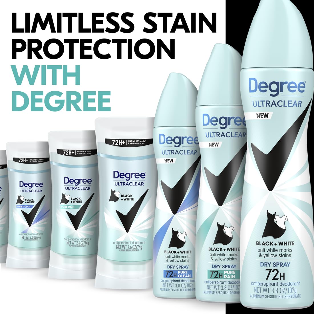 Degree Women UltraClear Black+White antiperspirant deodorant stick and spray assortment
