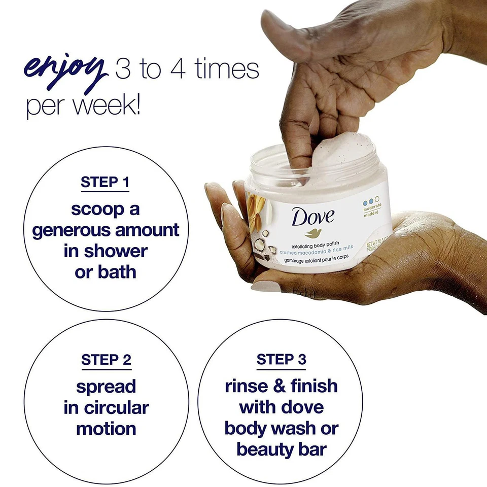 Dove exfoliating body scrub jar 225ml macadamia and rice milk