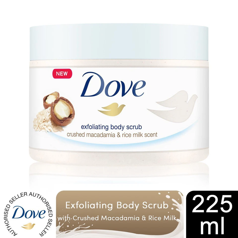 Dove exfoliating body scrub 225ml jar with crushed macadamia and rice milk
