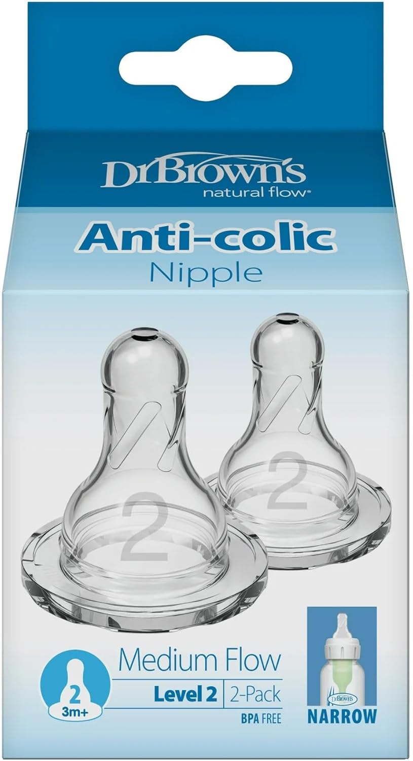 Dr Brown's Natural Flow Level 2 narrow anti-colic nipples, clear, set of 2