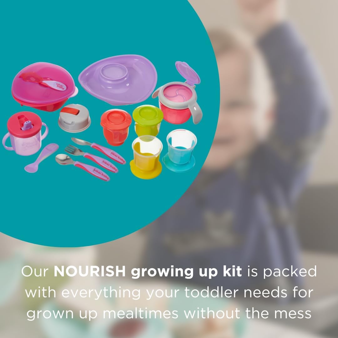 Vital Baby NOURISH Growing Up Kit Pop with colourful plates, cups, and utensils for toddlers