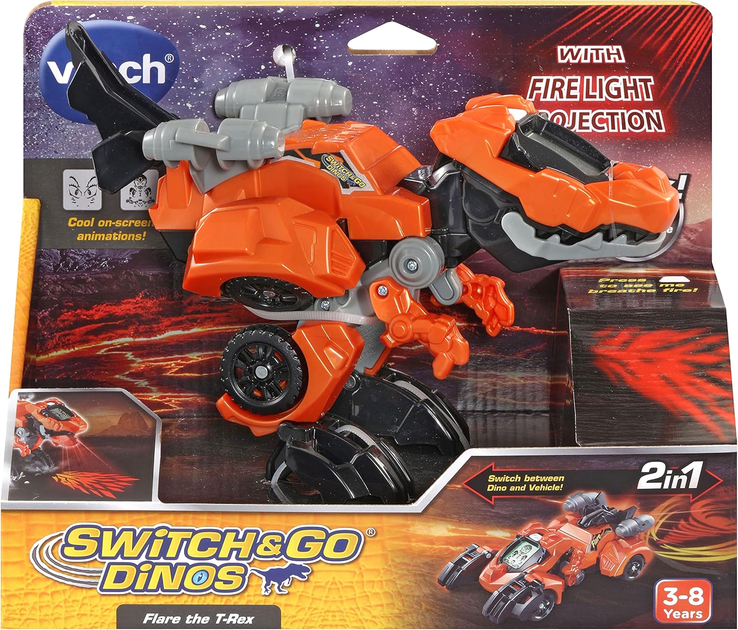 VTech Switch & Go Dinos Flare the T-Rex orange transforming toy with fire light projection
