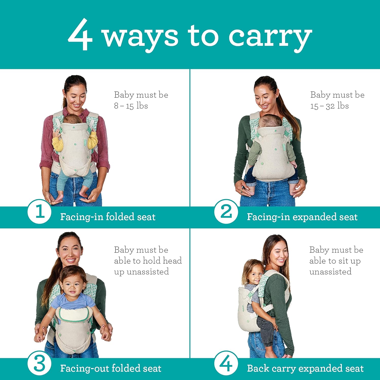 Infantino Flip 4-in-1 convertible baby carrier, cream with teal accents, multiple positions