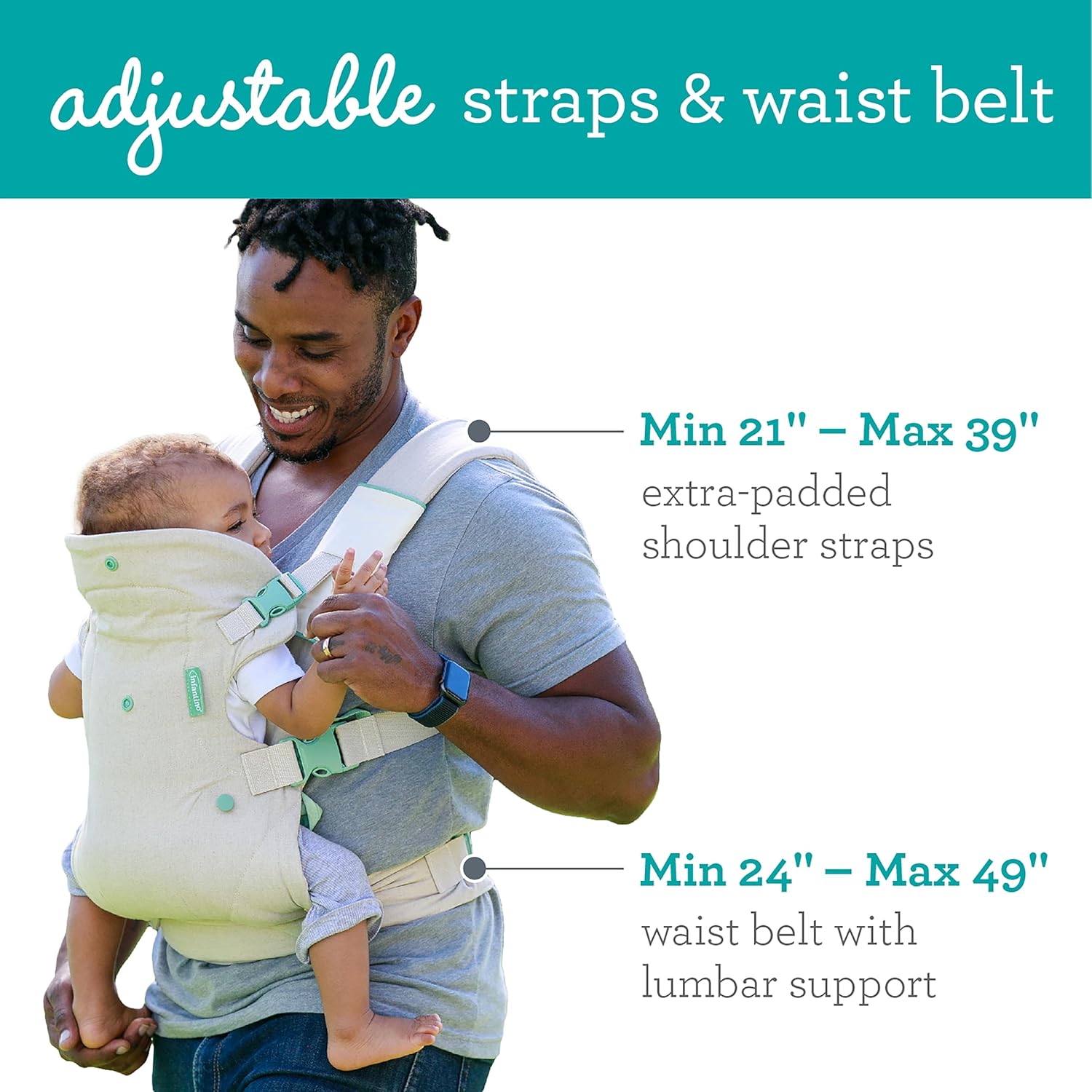 Infantino Flip 4-in-1 convertible baby carrier, cream with adjustable straps and waist belt