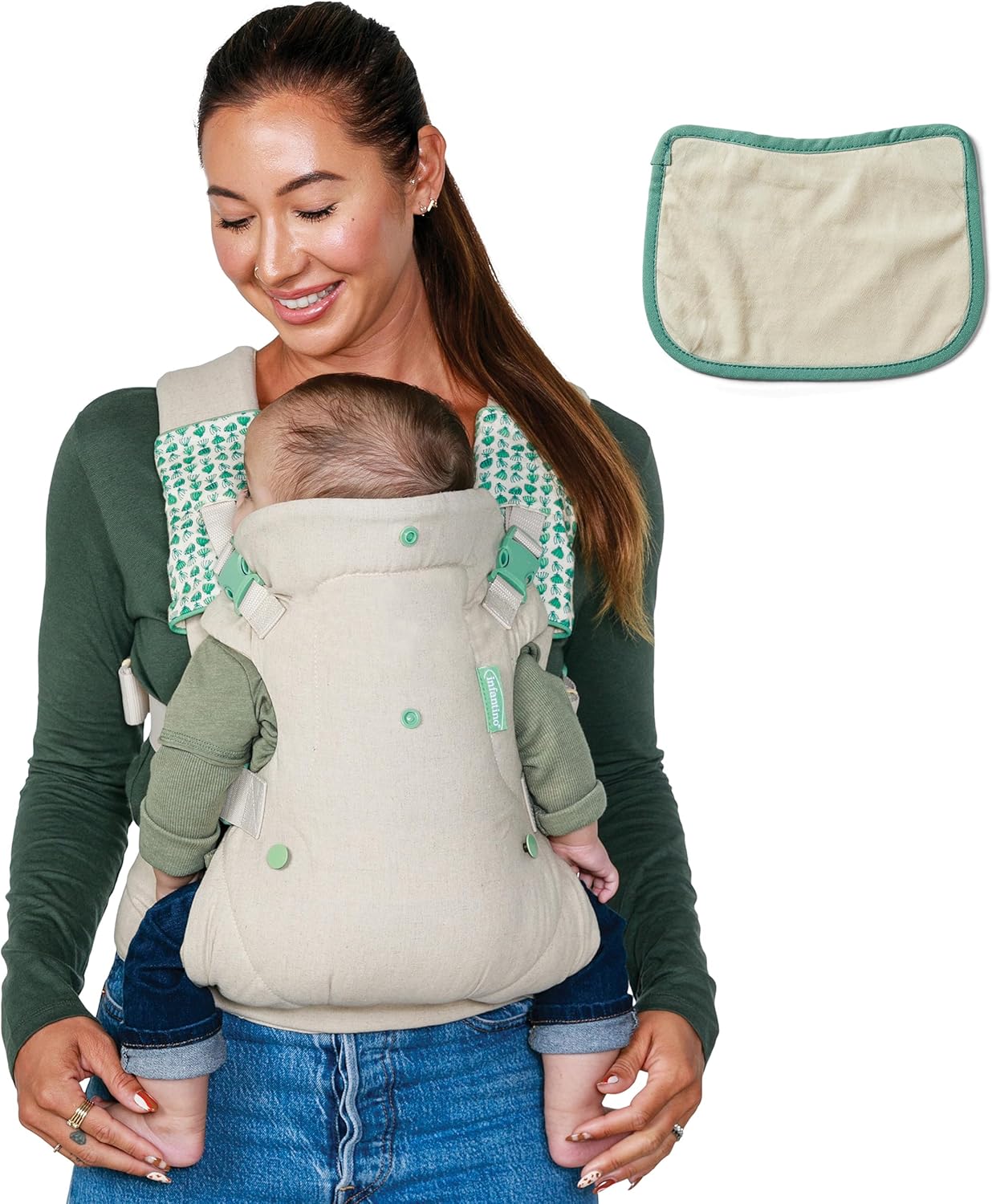 Infantino Flip 4-in-1 convertible baby carrier in cream and teal with drool pad