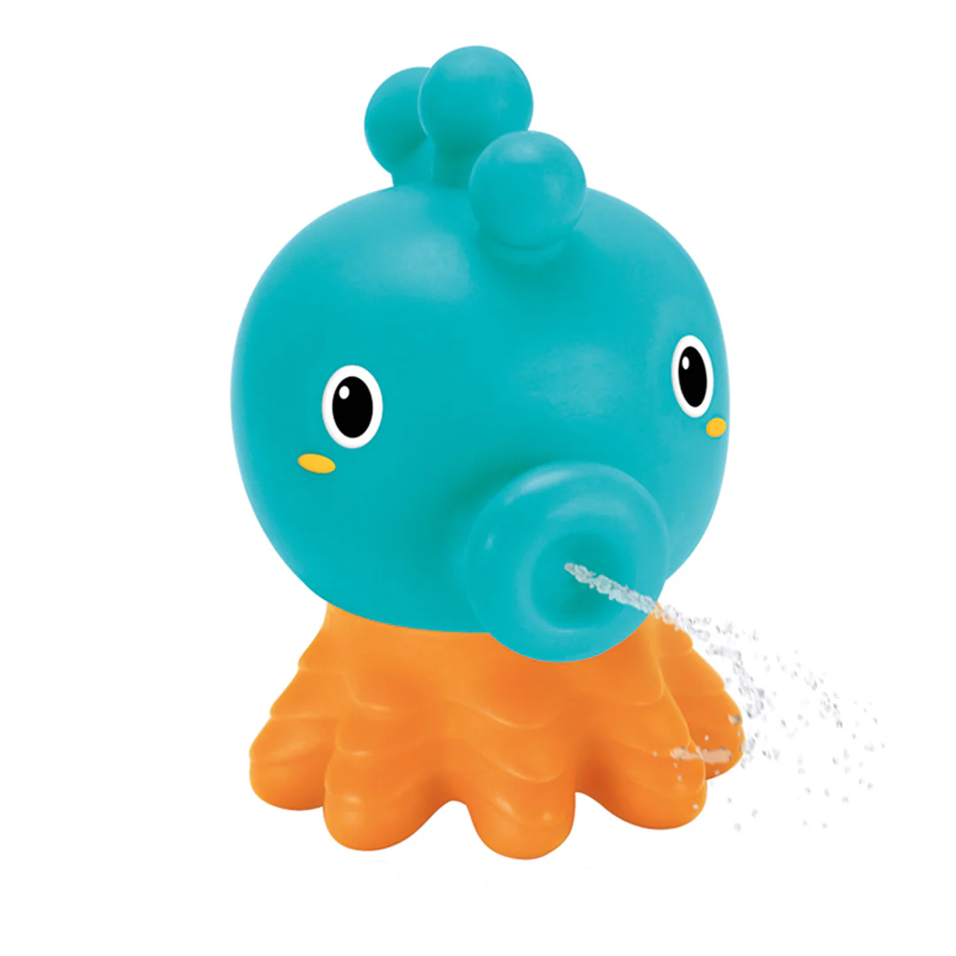 Infantino Senso Plug and Squirt turquoise whale bath toy with orange feet