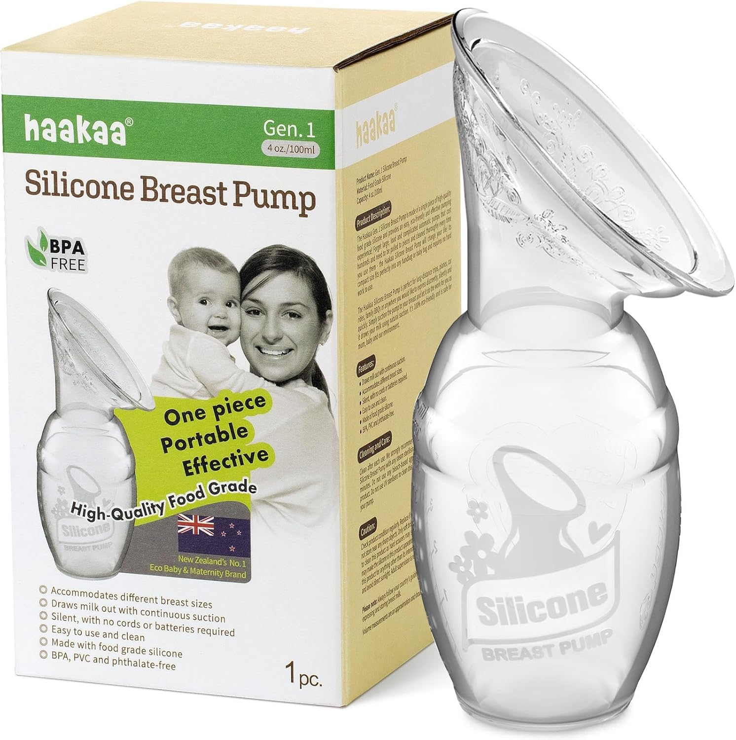 Haakaa Gen 1 silicone breast pump, 4oz manual, white, food grade