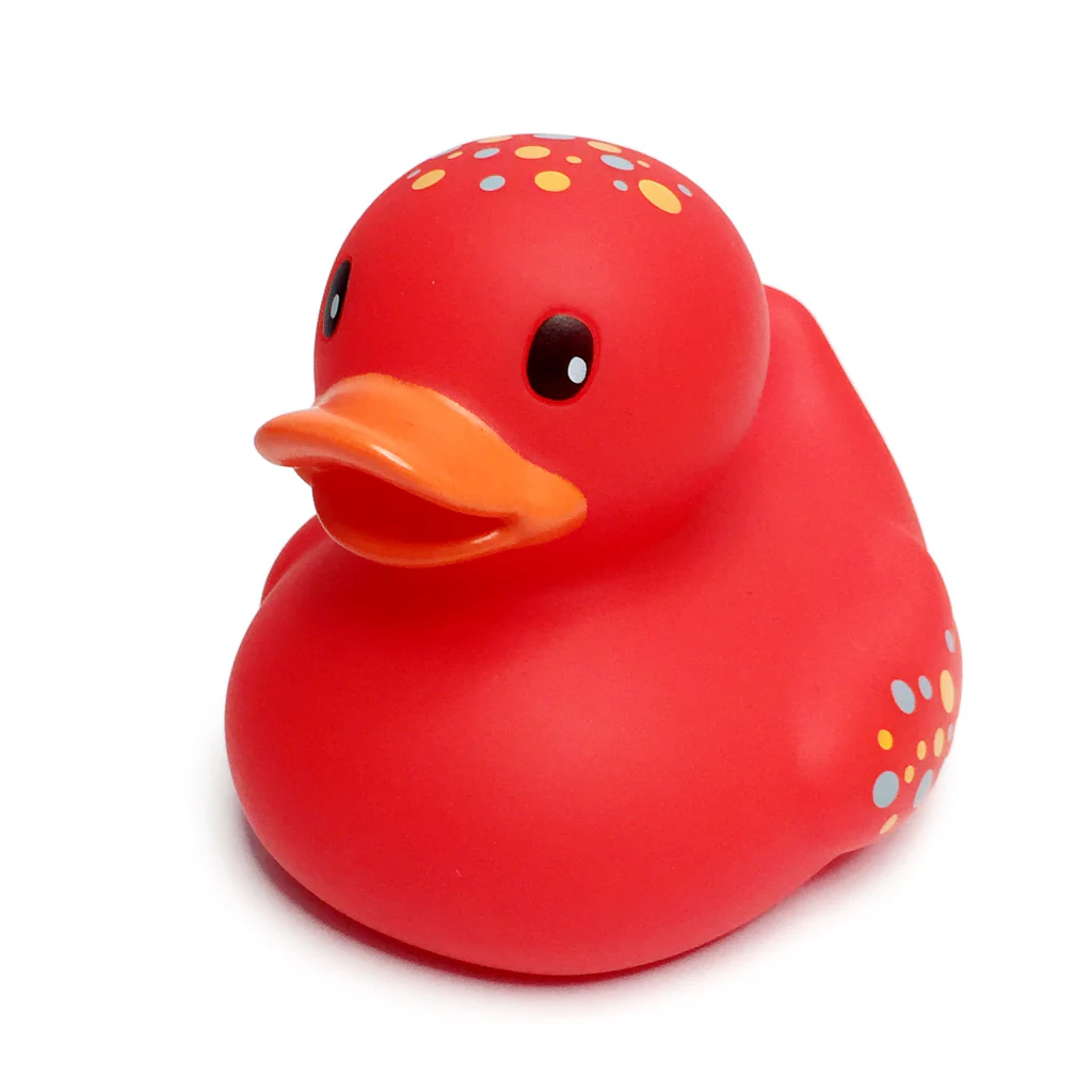 Infantino Fun Time red duck with orange beak and coloured spots