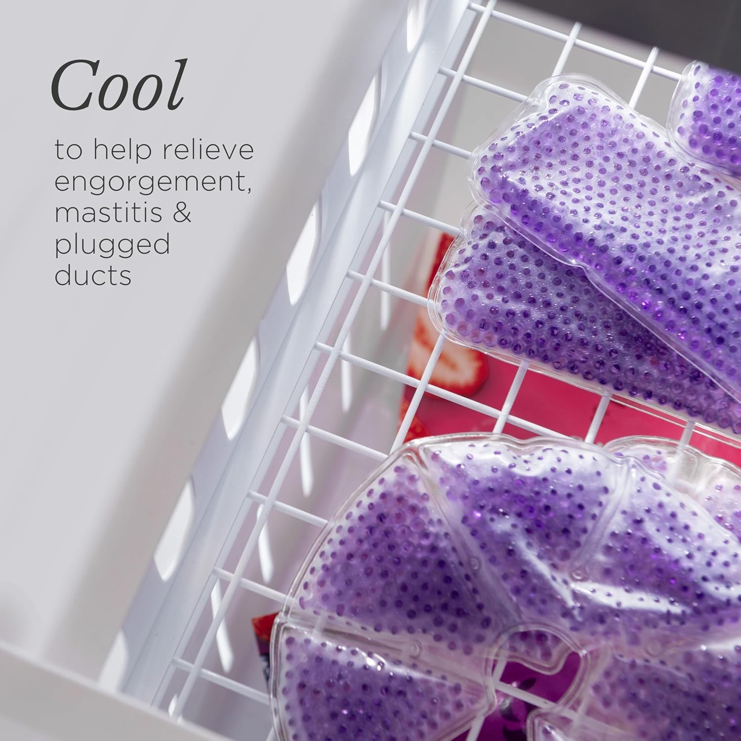 Lansinoh TheraPearl purple gel breast therapy packs in freezer storage