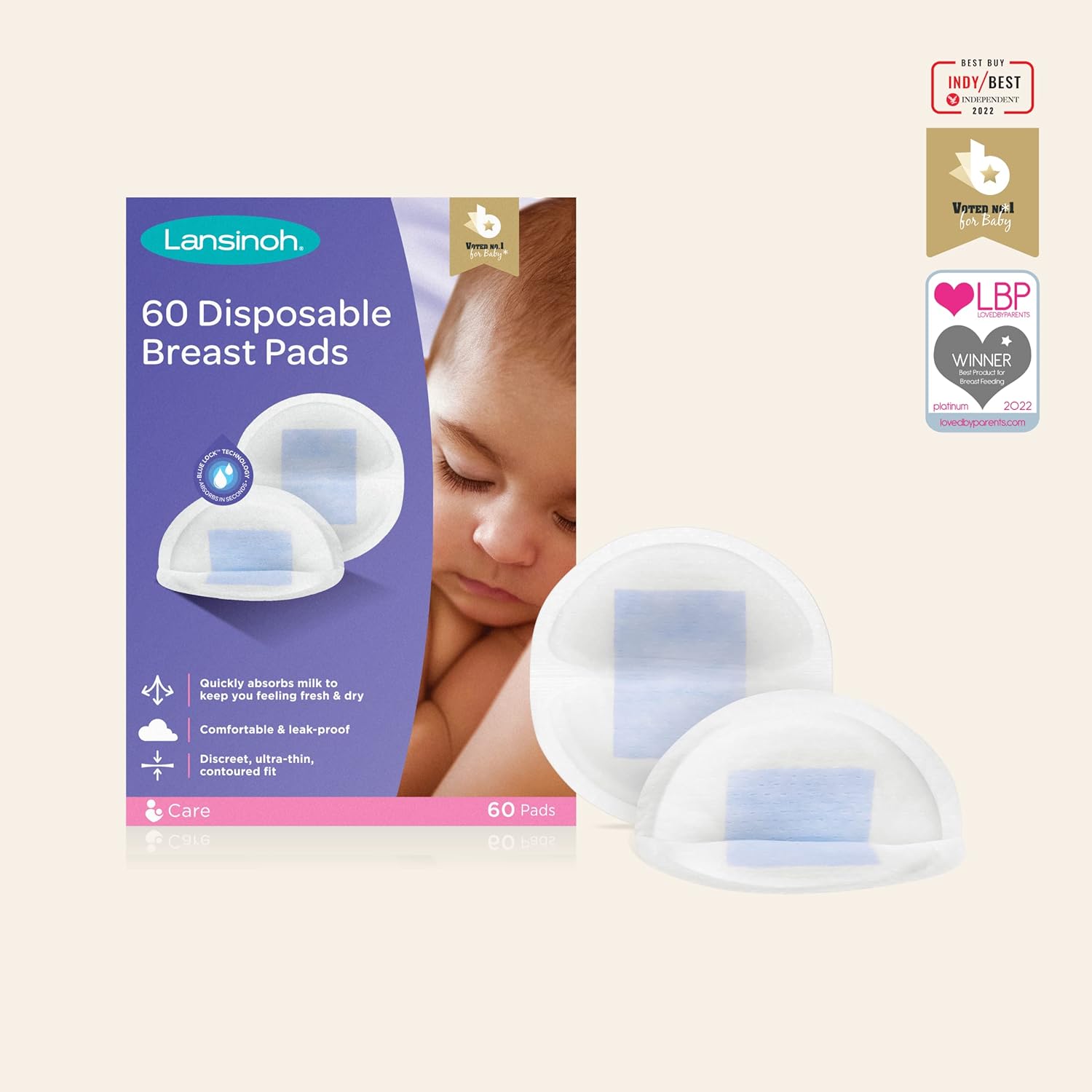 Lansinoh disposable breast pads 60 pack with blue absorbent core
