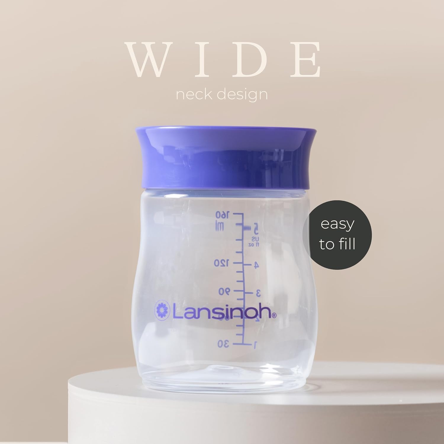 Lansinoh breastmilk storage bottle 160 ml with purple wide neck design and measurement markings