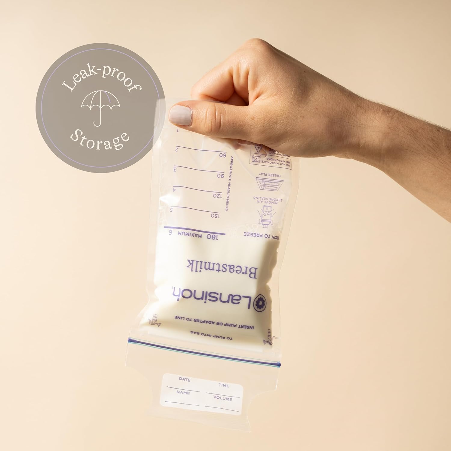 Lansinoh Milk Storage Bags 50 pack with measurement markings and labels