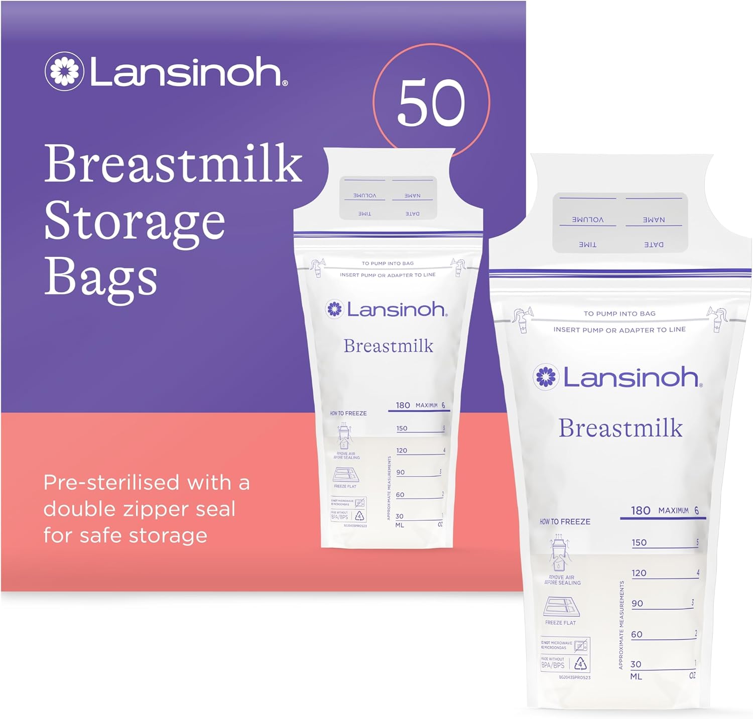 Lansinoh Breastmilk Storage Bags 50 pack with double zipper seal