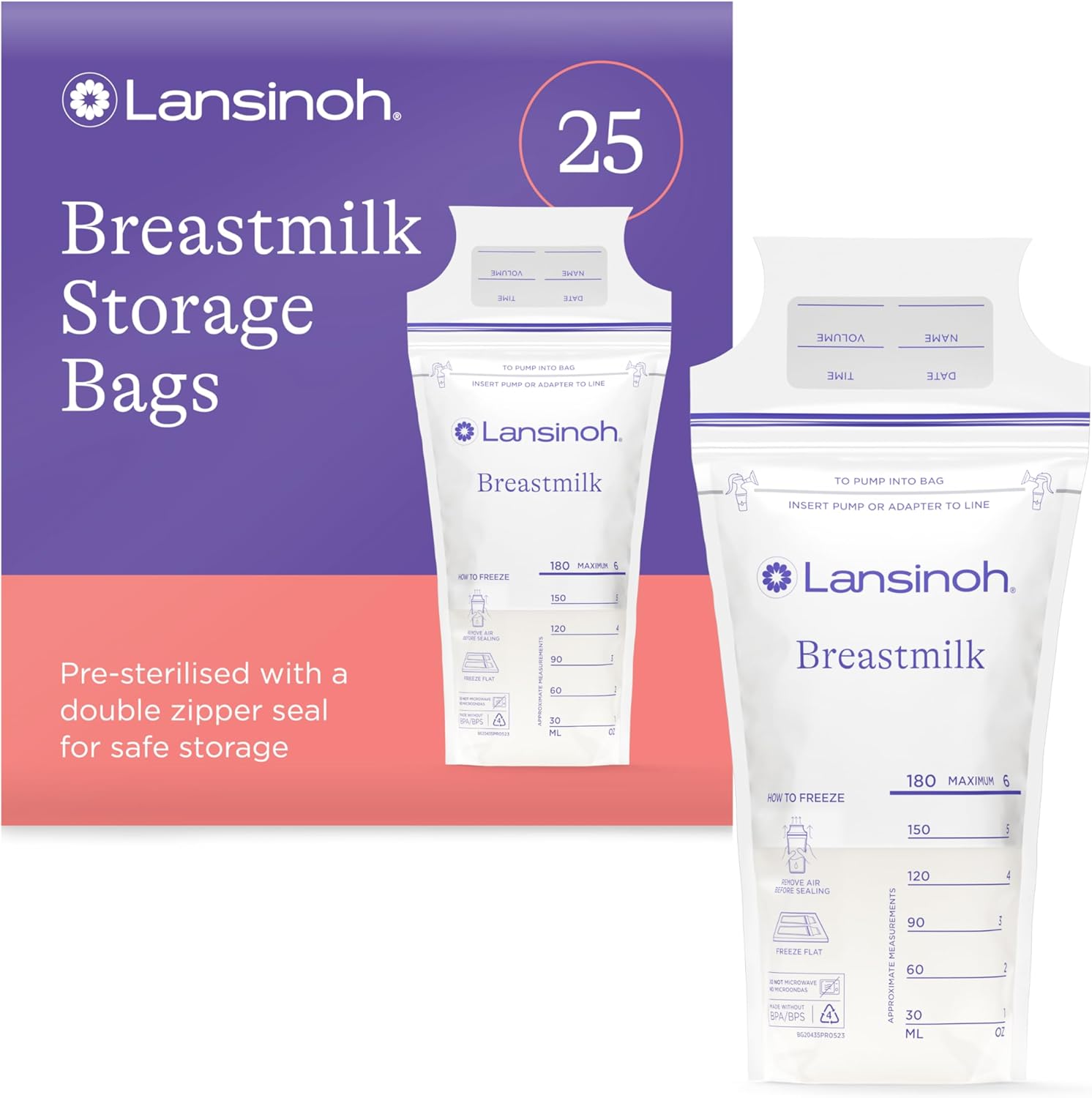 Lansinoh Breastmilk Storage Bags 25 pack with double zipper seal