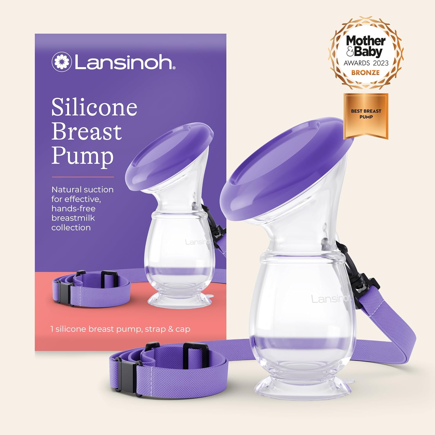Lansinoh purple silicone breast pump with collection bottle, straps and cap included