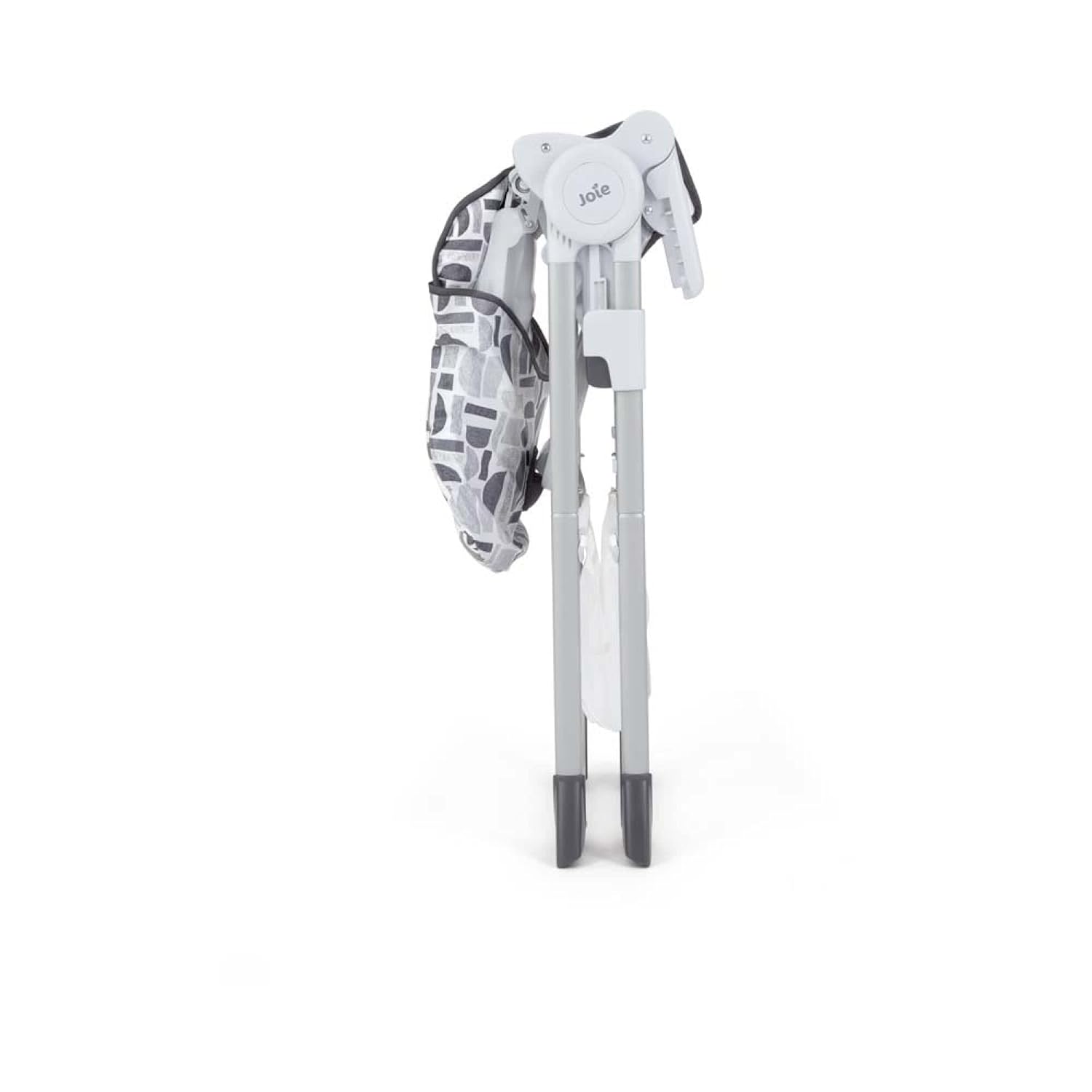 Joie Snacker 2-in-1 grey and white highchair with patterned seat and toys attached